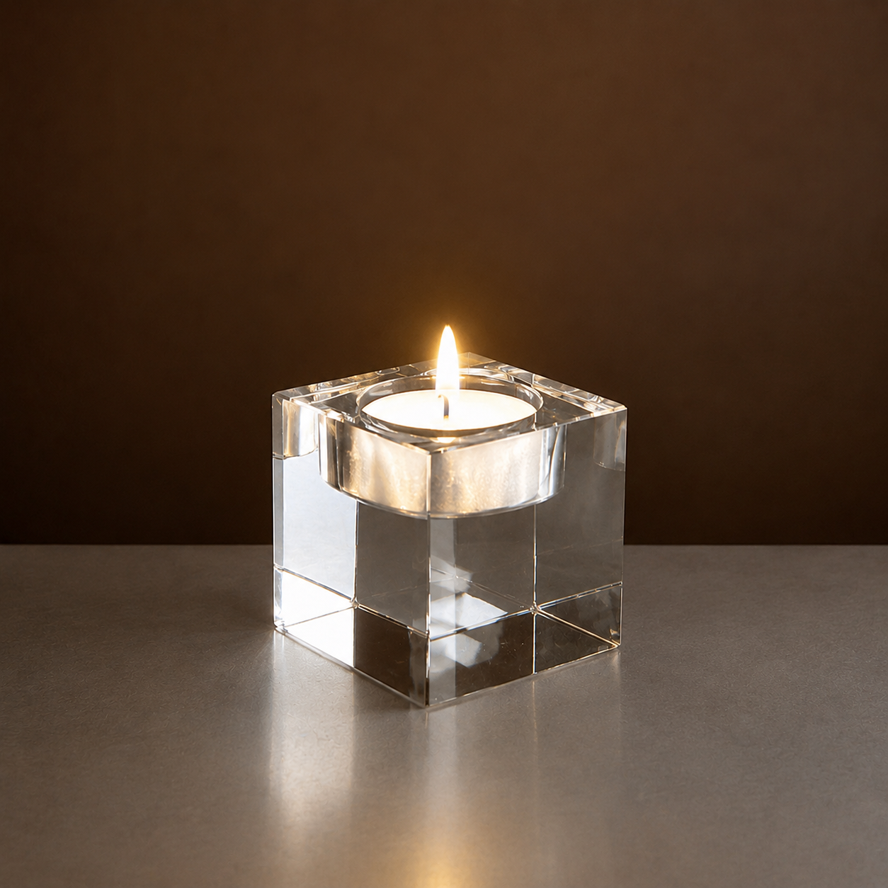 K9 Kristallblock Teelichthalter 50x50x60mm mit brennendem Teelicht in edlem Glasdesign