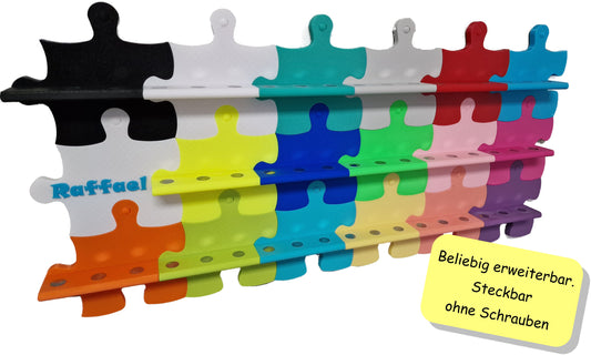 Bunte Echo Dot Halterung Kinderzimmer aus Steckelementen in Puzzle-Form, erweiterbar und ohne Schrauben.