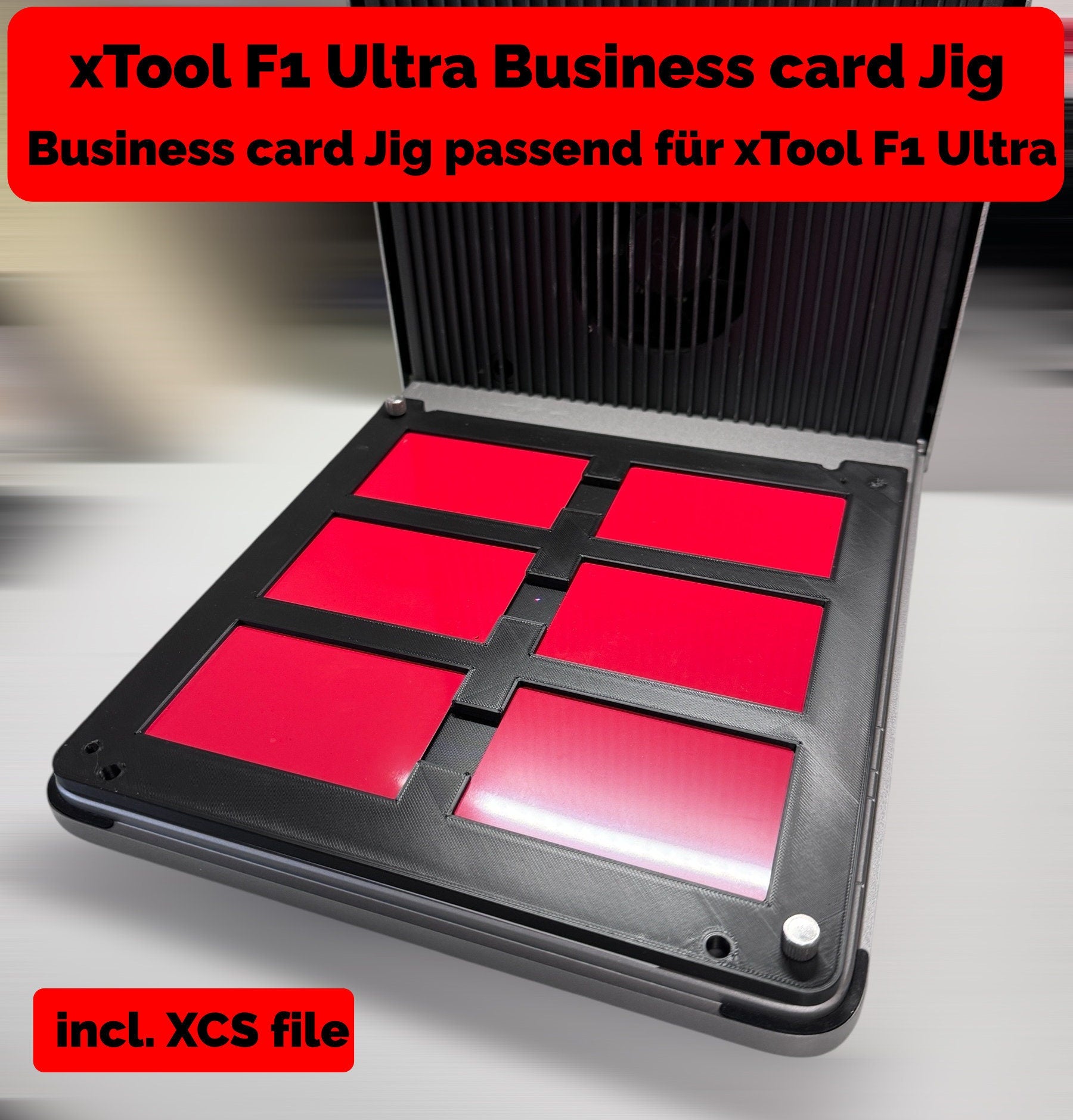 xTool F1 Ultra Business Card Jig for convenient engraving of six business cards at once.