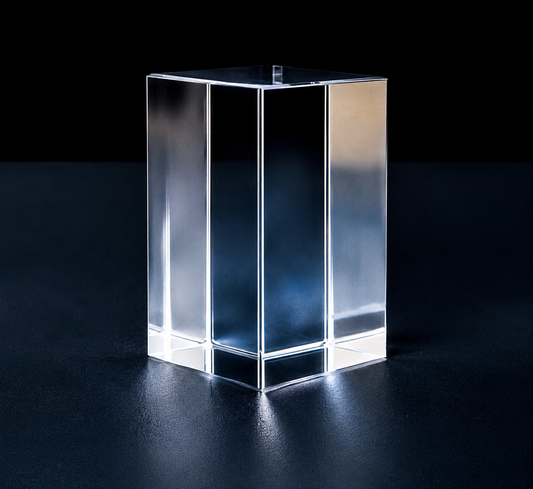 K9 Kristallblock 60x60x100mm auf dunklem Hintergrund, ideal für Gravuren und Lichtreflexionen.